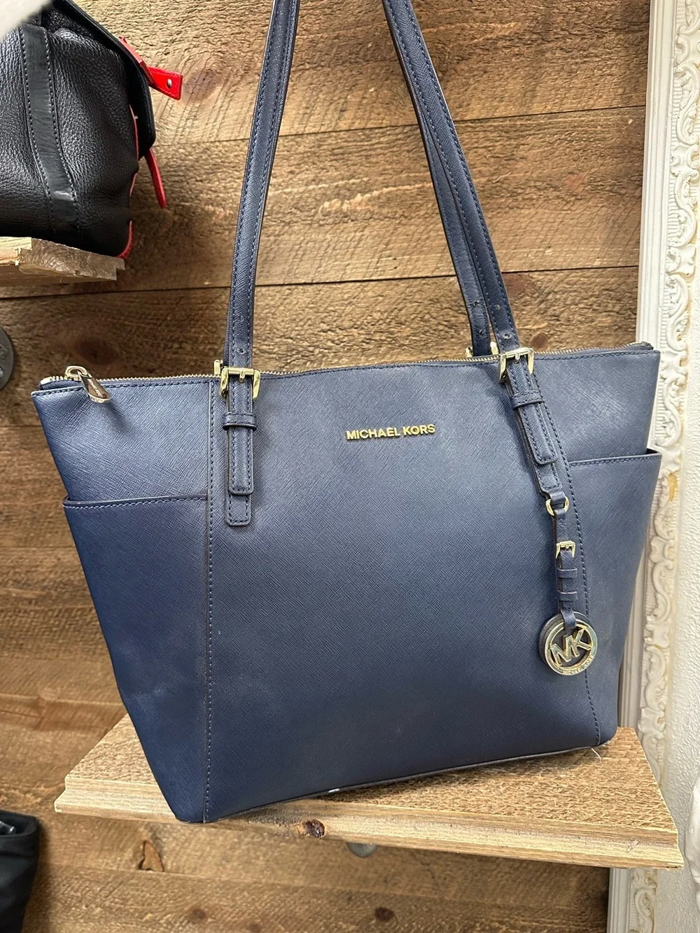 Michael Kors Navy Saffiano Leather Tote with Gold Hardware